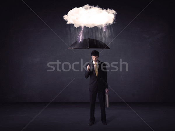 Stock fotó: üzletember · áll · esernyő · kicsi · vihar · felhő