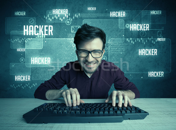 Hacker toetsenbord bril jonge knap nerd Stockfoto © ra2studio