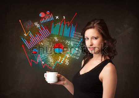 Businesswoman holding a white cup with diagrams and graphs Stock photo © ra2studio