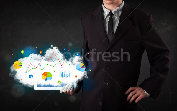 Személy tart touchpad felhő technológia táblázatok Stock fotó © ra2studio