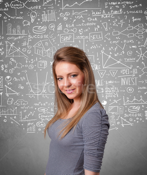 Young pretty lady with hand drawn calculations and icons Stock photo © ra2studio