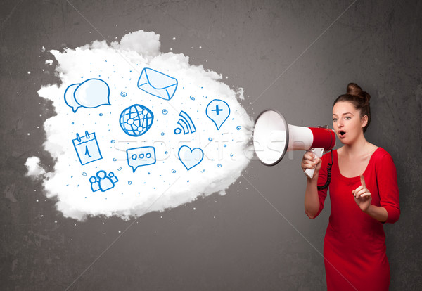 Woman shouting into loudspeaker and modern blue icons and symbol Stock photo © ra2studio