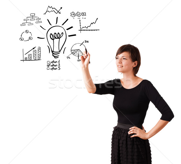 ストックフォト: 小さな · ビジネス女性 · 図面 · 電球 · ダイアグラム