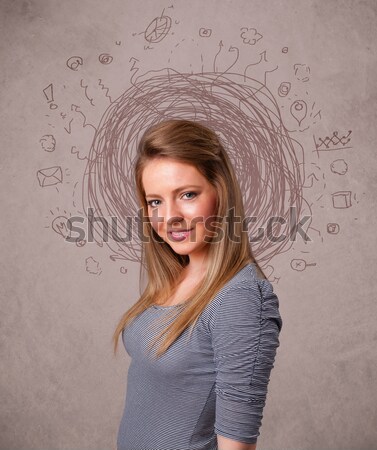 Pretty young girl with abstract circular doodle lines and icons Stock photo © ra2studio