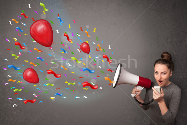 Foto stock: Jovem · megafone · balões · confete