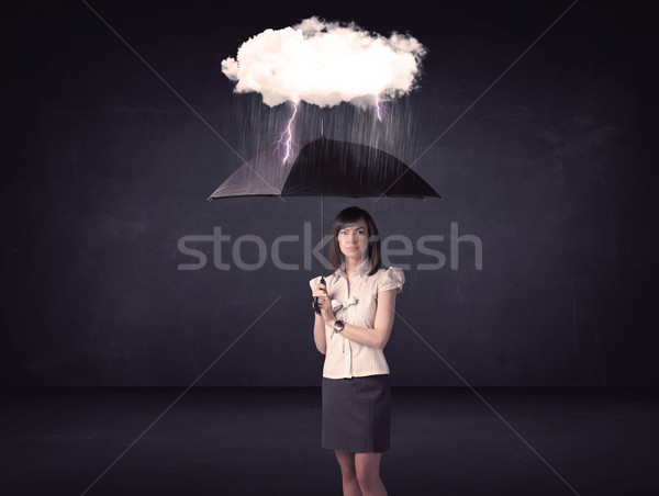 Femme d'affaires permanent parapluie peu tempête nuage Photo stock © ra2studio