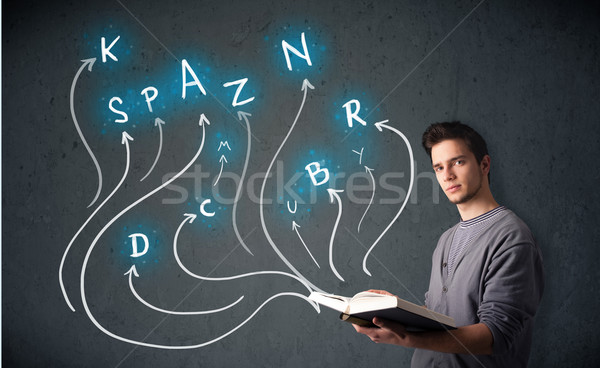 Young man reading a book while multiple choices are coming out of the book Stock photo © ra2studio