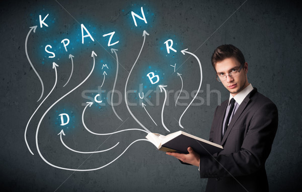 Young man reading a book while multiple choices are coming out of the book Stock photo © ra2studio