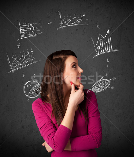 Young woman thinking with charts circulation around her head Stock photo © ra2studio