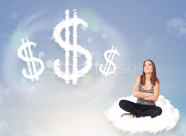Young woman sitting on cloud next to cloud dollar signs Stock photo © ra2studio