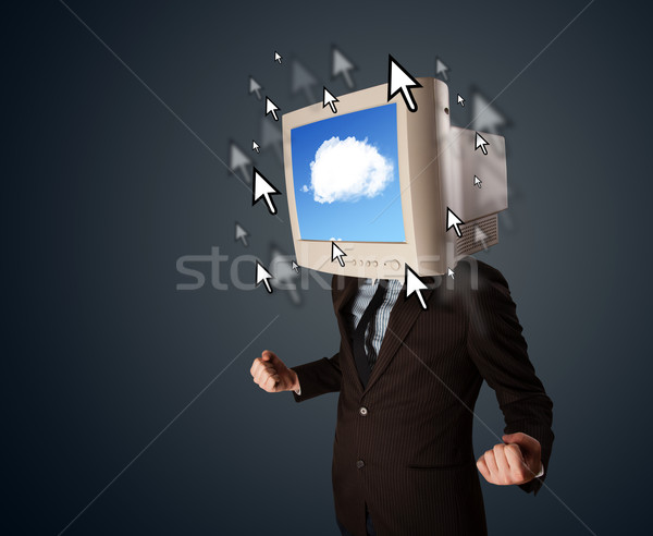 Business man with a monitor on his head, cloud system and pointe Stock photo © ra2studio