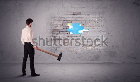Business man hitting brick wall with hammer Stock photo © ra2studio