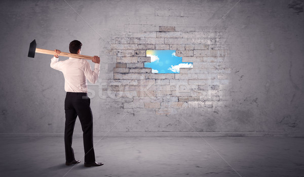 Business man hitting brick wall with hammer Stock photo © ra2studio