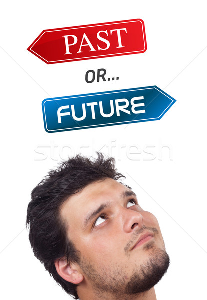 Young head looking at positive negative signs Stock photo © ra2studio