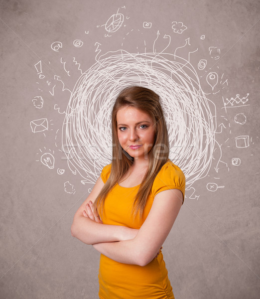 Pretty young girl with abstract circular doodle lines and icons Stock photo © ra2studio