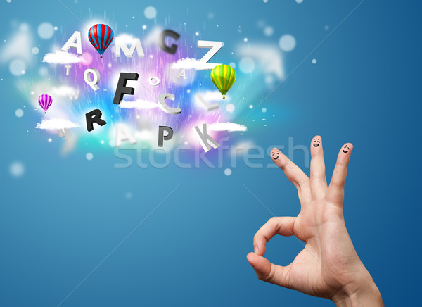 Stock photo: Happy cheerful smiley fingers looking at colorful magical clouds and balloons illustration