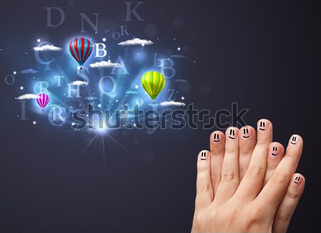 Stock photo: Happy cheerful smiley fingers looking at hot air balloons in the cloudy sky