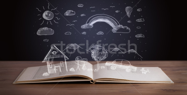 Nyitott könyv kézzel rajzolt tájkép fából készült fedélzet család Stock fotó © ra2studio