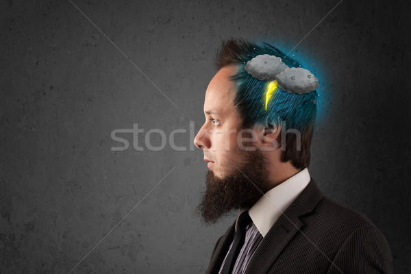 Człowiek burza z piorunami pioruna głowie niebo grupy Zdjęcia stock © ra2studio