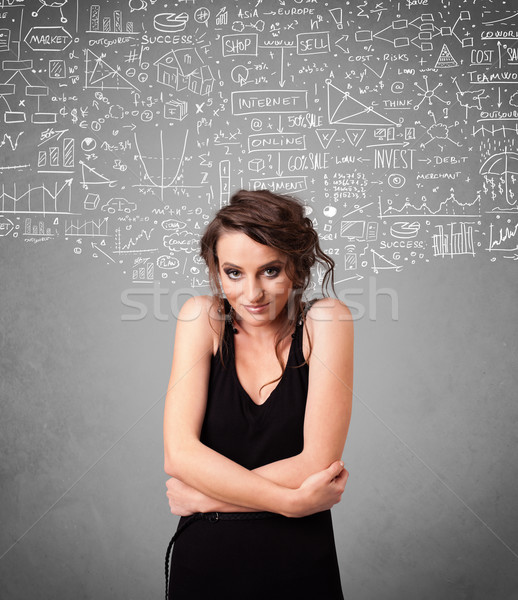 Young pretty lady with hand drawn calculations and icons Stock photo © ra2studio