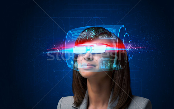 Foto stock: Futuro · mulher · alto · tecnologia · inteligente · óculos