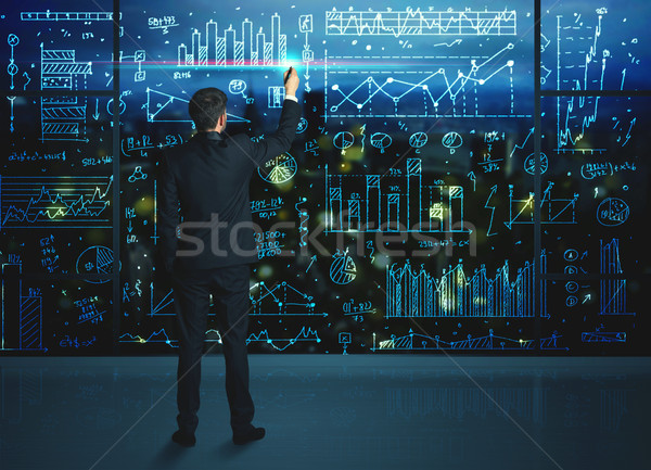 Rysunek biznesmen statystyka działalności szkła ściany Zdjęcia stock © ra2studio