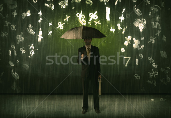 Geschäftsmann stehen Dach 3D Zahlen regnet Stock foto © ra2studio