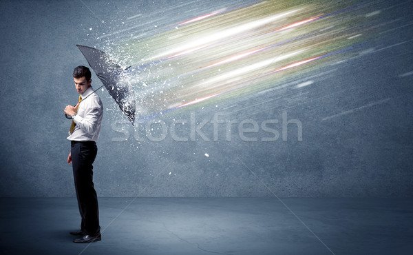 Homme d'affaires lumière parapluie affaires eau mur [[stock_photo]] © ra2studio