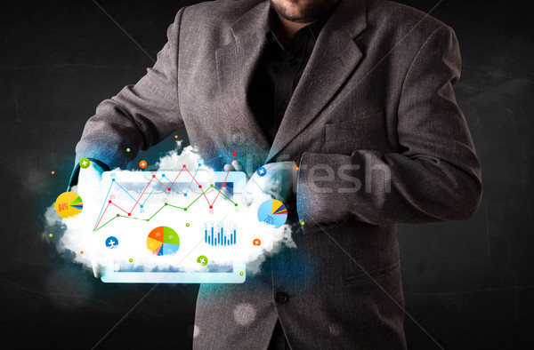 Személy tart touchpad felhő technológia táblázatok Stock fotó © ra2studio