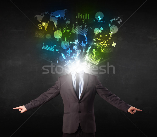 Business man in suit with graph and charts exploding from his bo Stock photo © ra2studio