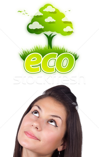 Foto d'archivio: Giovane · ragazza · guardando · verde · eco · segno · testa