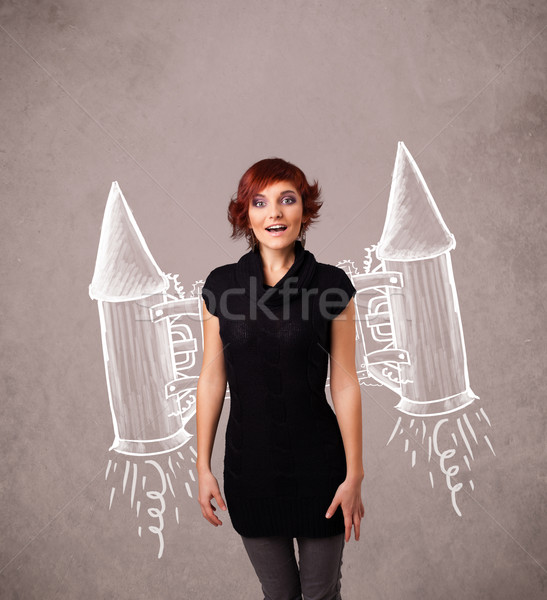 Cute meisje jet pack raket tekening Stockfoto © ra2studio