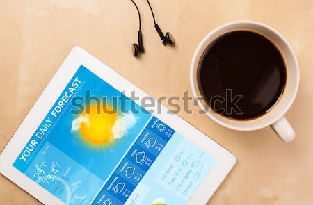 Foto stock: Lugar · de · trabajo · tiempo · pronóstico · taza