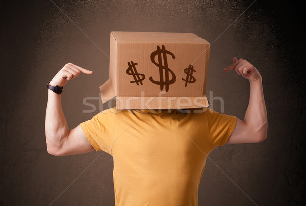 Fiatalember gesztikulál kartondoboz fej dollár áll Stock fotó © ra2studio