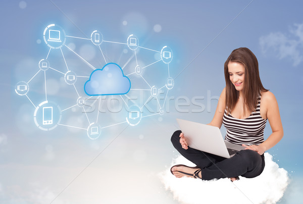 Happy woman sitting on cloud with cloud computing Stock photo © ra2studio