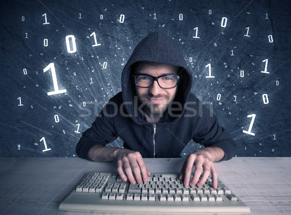 Online intruso geek ragazzo l'hacking divertente Foto d'archivio © ra2studio