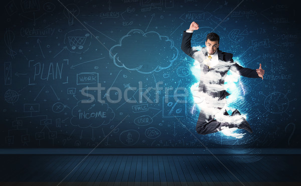 [[stock_photo]]: Heureux · homme · d'affaires · sautant · tempête · nuage · autour