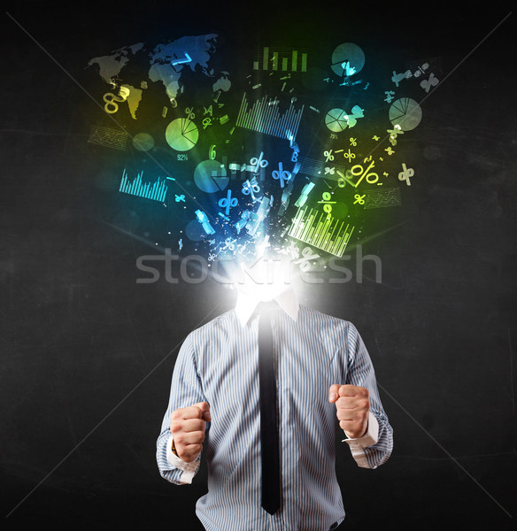 Business man in suit with graph and charts exploding from his bo Stock photo © ra2studio