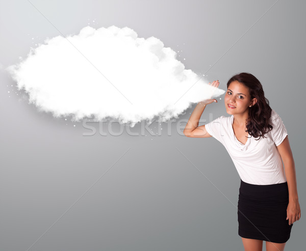 Pretty woman gesturing with abstract cloud copy space Stock photo © ra2studio