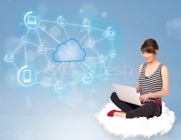 Happy woman sitting on cloud with cloud computing Stock photo © ra2studio