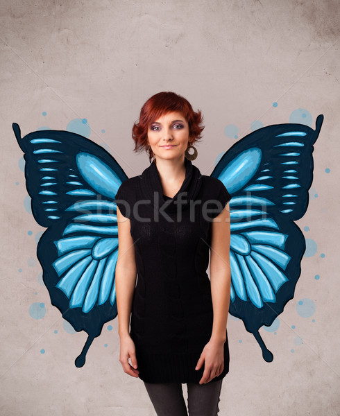 Genç kız kelebek mavi örnek geri sevimli Stok fotoğraf © ra2studio