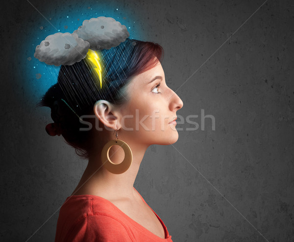 Jong meisje onweersbui bliksem hoofdpijn illustratie man Stockfoto © ra2studio