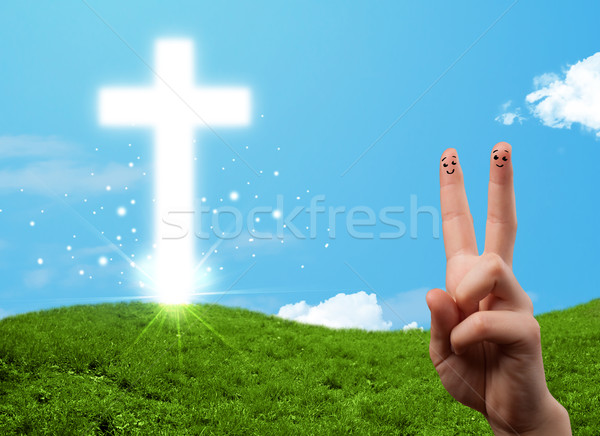 Foto d'archivio: Felice · dito · smileys · christian · religione · cross