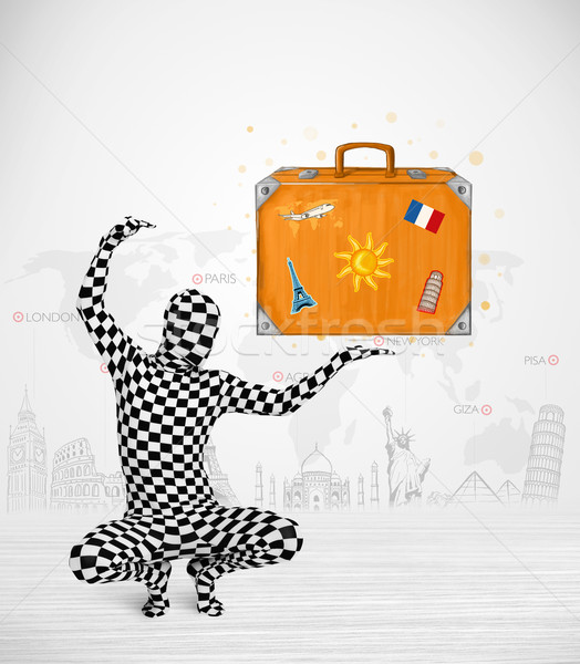 Férfi egészalakos öltöny bemutat vakáció bőrönd Stock fotó © ra2studio