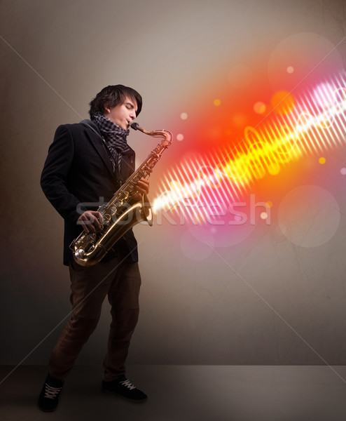 Foto stock: Moço · jogar · saxofone · colorido · soar · ondas