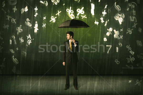 Geschäftsmann stehen Dach 3D Zahlen regnet Stock foto © ra2studio