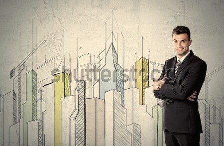 Biznesmen stałego Cityscape ściany Zdjęcia stock © ra2studio