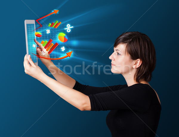 Stockfoto: Jonge · zakenvrouw · naar · moderne · tablet · abstract