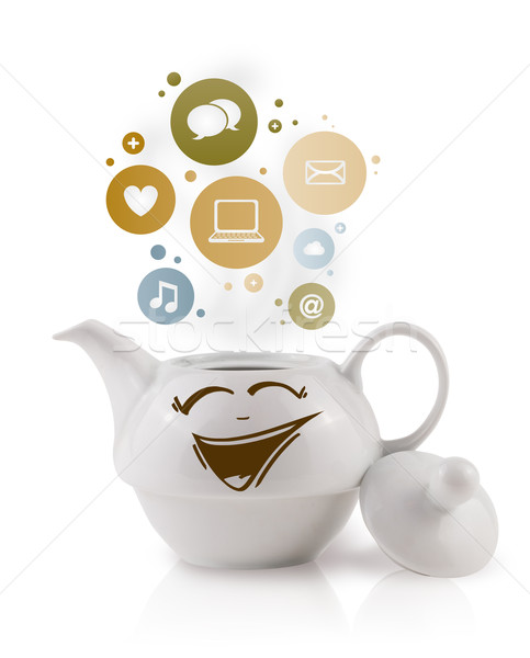 Stockfoto: Koffie · pot · social · media · iconen · kleurrijk · bubbels