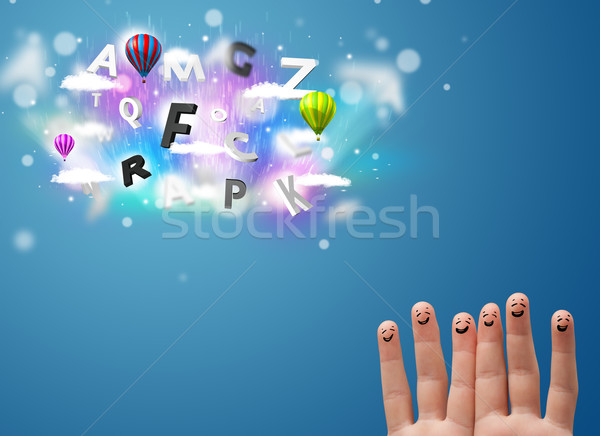 Stock photo: Happy cheerful smiley fingers looking at colorful magical clouds and balloons illustration